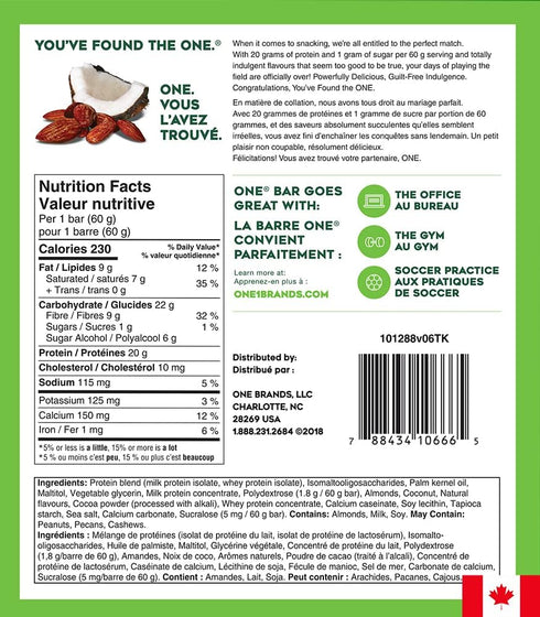 ONE Protein Bar, Almond Bliss, 2.12 oz., Gluten-Free, High Protein (20g), Low Sugar (1g)