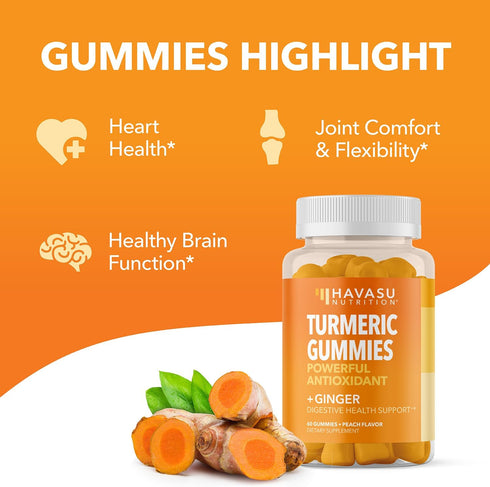 Turmeric and Ginger Gummies for Adults - 60 Vegan Gummies in Peach Flavor for Immune Support and Joint Health