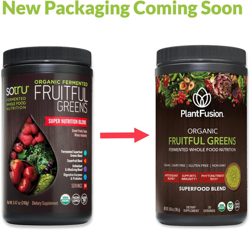 PlantFusion Fruitful Super Greens Powder, Fermented Juice Blend with Digestive Enzymes, Organic, Vegan, 8.46 oz, 30