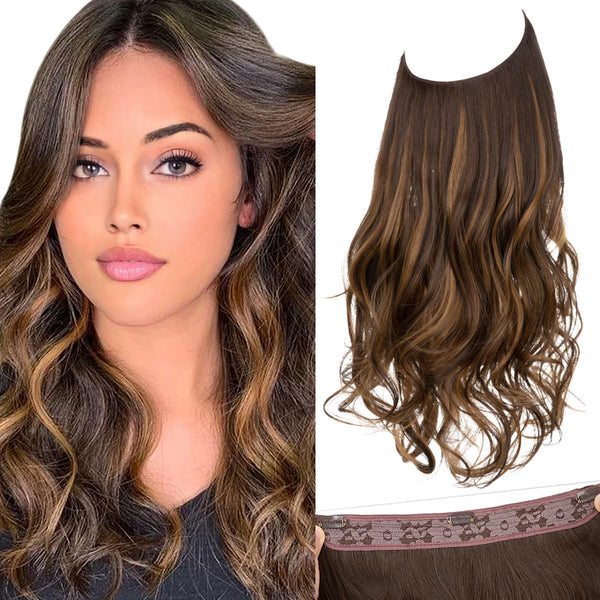 SARLA Invisible Wire Hair Extensions, 3 Clips Synthetic Wavy Curly Hairpiece, Adjustable Transparent Headband, 16 Inch