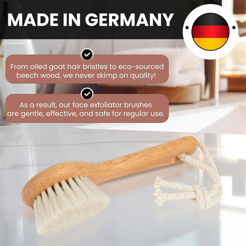 SHASH Since 1869 Hand Made in Germany - Sustainable Exfoliating Face Brush, Soft Goat Bristle for Glowing Complexion