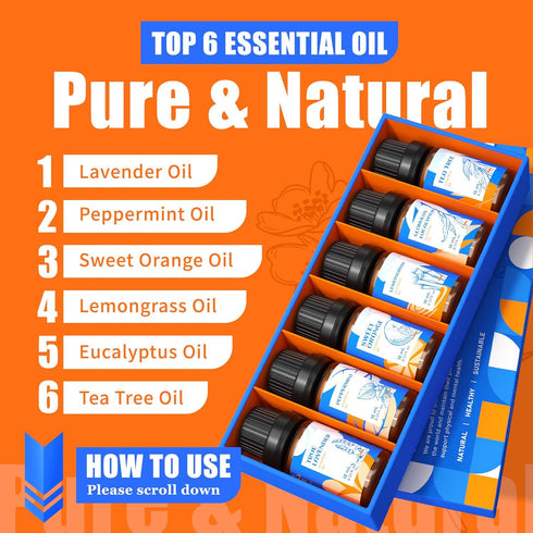 HIQILI Essential Oils for Diffusers for Home,Top 6 Gift Essential Oil Set,Include Lavender, Orange, Peppermint, Tea Tree, Eucalyptus, Lemongrass,Beginner Kit(10ML*6)