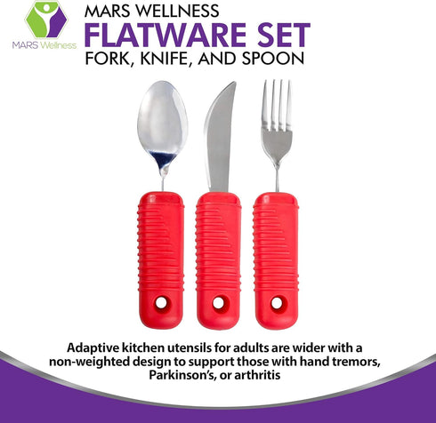 3 Piece Super Easy Grip Flatware Set - Red Fork, Knife, and Spoon, Bendable Built Up