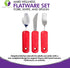 3 Piece Super Easy Grip Flatware Set - Red Fork, Knife, and Spoon, Bendable Built Up