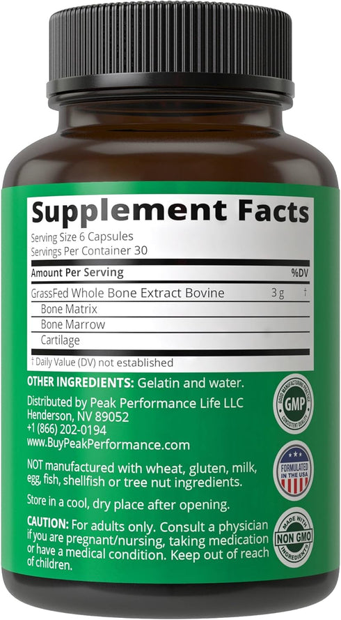 Peak Performance Grass Fed Bone Marrow - Whole Bone Extract Supplement, 180 Capsules Rich in Collagen & Amino Acids