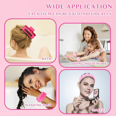 Wecoe Spa Headband and Wristband Set, Pink Rose Red, Cute Puffy Sponge Bubble Makeup Headband, Hair Claw Clips, Wrist
