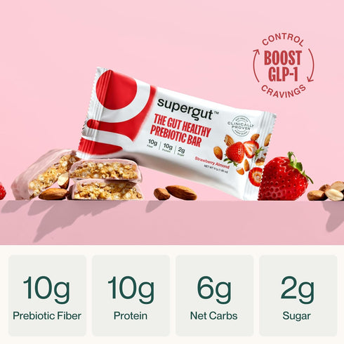 Supergut Prebiotic Bars, Meal Replacement, Boost GLP-1, High Fiber and Protein, No Added Sugar, Keto Food, 12 Count
