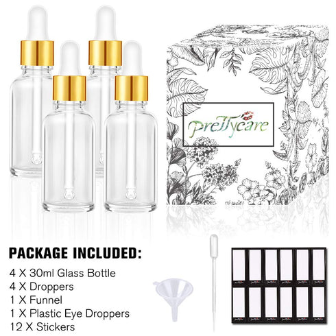 PrettyCare 4 Pack 1oz Dropper Bottles for Essential Oils - Clear Glass, Leak Proof Tincture Bottles