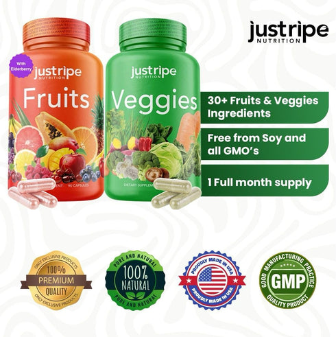 Fruits and Veggies Supplement - 90 Fruit and 90 Vegetable Capsules, 100% Whole Natural Superfood, Supports Energy