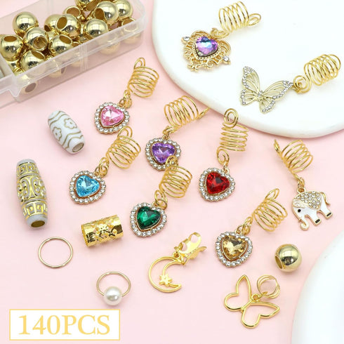 NAISKA 140Pcs Gold Hair Jewelry for Braids, Rhinestone Dreadlocks Accessories, Butterfly Braid Clips for Women