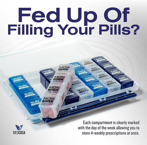 Medcosa 28 Days Pill Case, Daily Medicine Organizer with 28 Compartments, Supplement Box