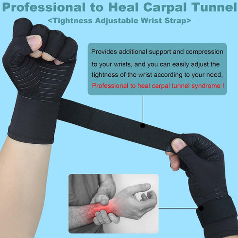 Copper Arthritis Gloves - Fingerless Compression Gloves with Adjustable Wrist Strap for Pain Relief (Large/X-Large)
