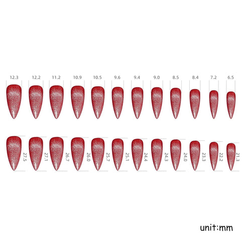 Red Cat Eye Press on Nails, Long Stiletto Glitter Fake Nails, Handmade Glossy Acrylic Full Cover 24Pcs
