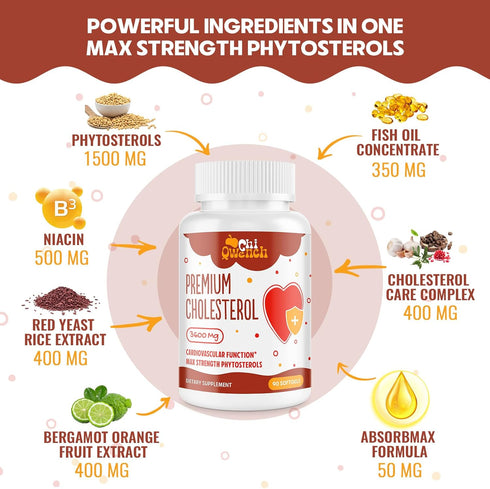 3600 MG Cholesterol Supplements - Plant Sterols, Niacin, Red Yeast Rice, 180 Softgels for Normal Cholesterol