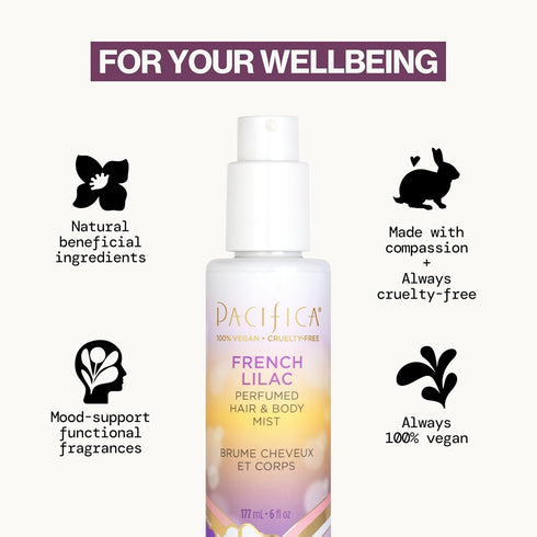 Pacifica French Lilac Perfumed Hair & Body Mist - Alcohol-Free Spray for Head-To-Toe Wear, Vegan & Cruelty-Free, 6 Fl Oz