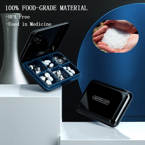 DUBSTAR Small Pill Organizer, Waterproof Travel Pill Box with 6 Compartments for Pocket Purse, Black Medicine Holder