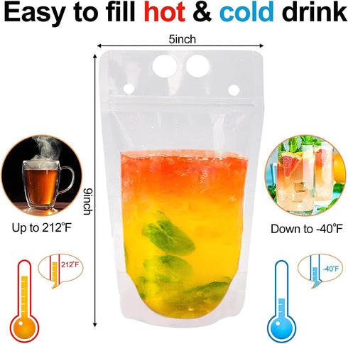 Ozera 100 16 Oz 100 Pcs Drink Pouches, Reusable Juice Pouches for Adults, Heavy Duty Plastic Smoothie Bags With Straws