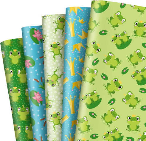JarThenaAMCS 10 Sheet Cute Frog Wrapping Paper, Bulk Green Gift Wrap Paper for Birthday Baby Shower