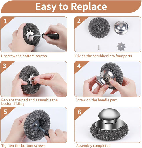 4pcs Steel Wool Scrubber Set, Stainless Steel Scrubber with Handle for Cast Iron, Pots, Pans, Sink
