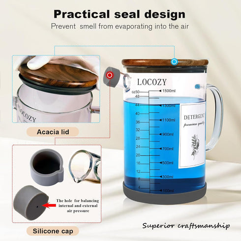 LOCOZY 2-Pack 50oz oz/ml Glass Laundry Detergent Dispenser with Acacia Wood Lid - Airtight Design, Dual Scales |