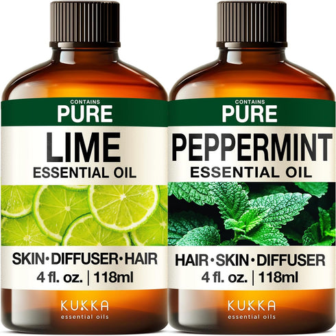 Lime Essential Oil for Skin & Peppermint Oil for Hair Set -