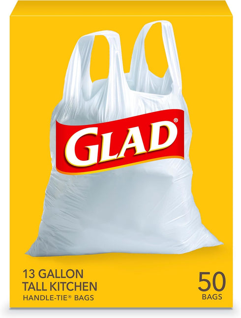 Glad Trash Bags, 13 Gallon White Handle-Tie Garbage Bags, 50 Count (Package May Vary)