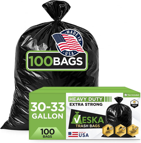 Veska 33 Gallon Trash Bags, (Huge 100 Bags w/Ties) Large Black Garbage Bags