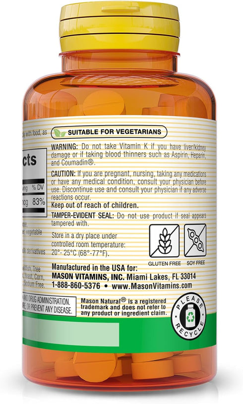 MASON NATURAL Vitamin K 100 mcg - Supports Joint and Bone Health, Helps Transport Calcium - 100 Tablets (Pack of 3)