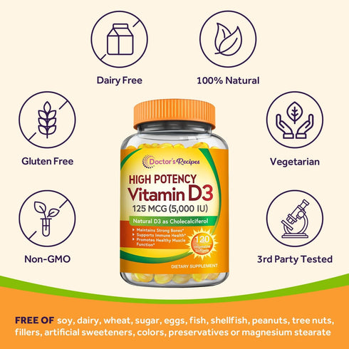 Doctor's Recipes Vitamin D3 5000IU, Immune Support for Bones, Teeth, Muscle Function, 120 Vegetarian Softgels