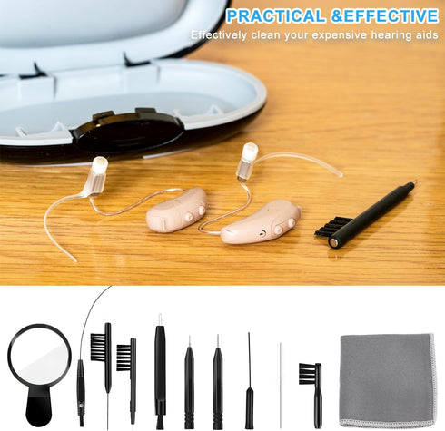 WXJ13 Hearing Aid Cleaning Kit, 13 Pieces with Nylon Brushes, Magnifier, Ventilation Rod, Screwdriver, Case for