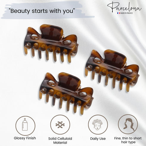 Parcelona French Classic Very Small 1 1/2" Claw Clips with Tight Spring Set of 3 Girls Hair Jaw Claw Clips Durable Styling Women Hair Accessories, Made in France (Savana)