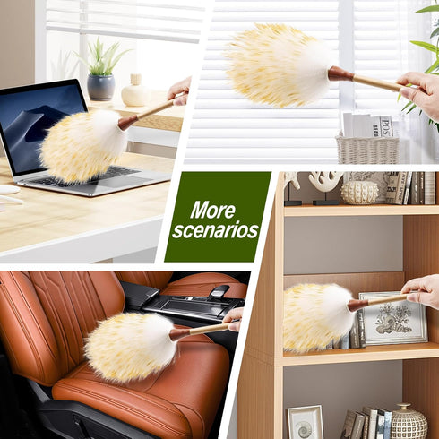 Lambswool Duster (2PCS) - 15.9 Inch Handheld Wooden Wool Duster for Cleaning Windows, Blinds, and Furniture