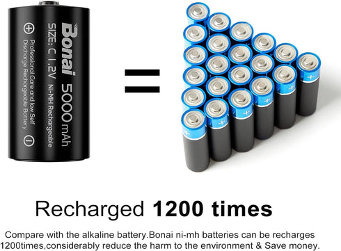 BONAI Rechargeable C Batteries, 5000mAh 1.2V Ni-MH High Capacity C Size Battery (4 Pack)