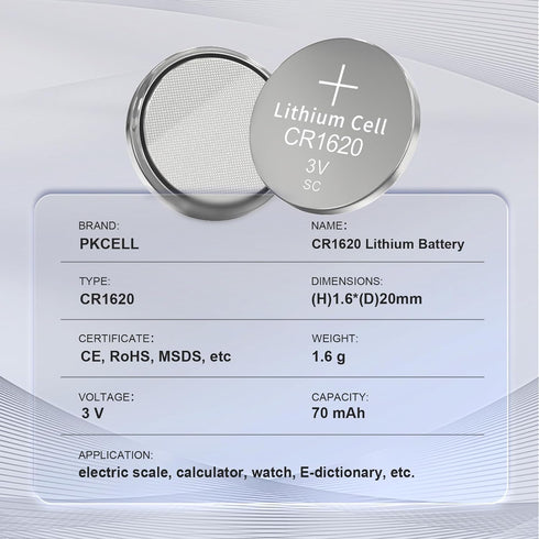 PKCELL CR 1620 Batteries CR1620 3V Lithium Battery -Pack of 5