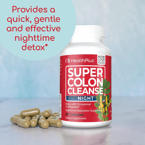 Health Plus Super Colon Cleanse Night Formula - Digestive Support with Probiotics and Valerian Root for Sleep (60