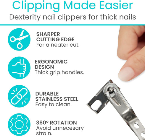 Vive Toenail Clippers for Thick Nails - Heavy Duty Podiatrist Trimmers for Seniors, Elderly, Adults - Fingernail Care Set for Hands, Toes, Arthritis, Diabetics, Hand Pain - Professional Sharp Clippers