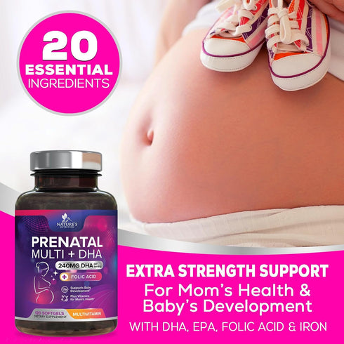 Women's Prenatal Multivitamin with Folic Acid + DHA, 120 Softgels - Prenatal Vitamin Supplement for Fetal Support