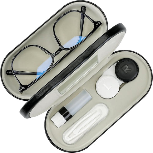 2 in 1 Contact Lens Case and Glasses Case, Double Sided Design with Mirror & Tweezer, Portable Kit