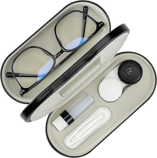 2 in 1 Contact Lens Case and Glasses Case, Double Sided Design with Mirror & Tweezer, Portable Kit