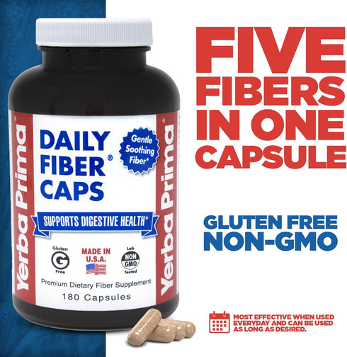 Yerba Prima Daily Fiber Formula - 180 Caps (Pack of 2), Soluble & Insoluble Dietary Fiber Supplement
