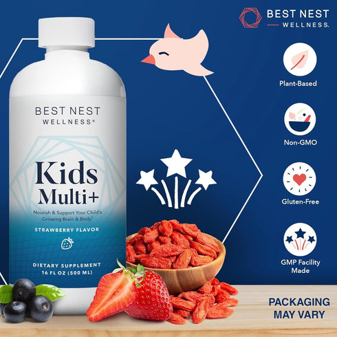 Best Nest Wellness Kids Liquid Multivitamin, Methylated Vitamins, Vegan, Gluten-Free, Strawberry Flavor, 16oz