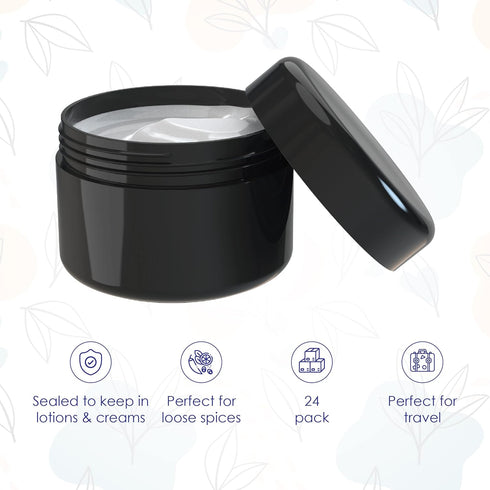 Houseables Black Cosmetic Jars, Small Containers with Lids, Plastic, 2 Fl Oz, 160 ML, 24 Pack, TSA Approved Container for Lotion, Salve, Body Butter, Creams, Makeup, Toiletries w/Inner Liner by Houseables