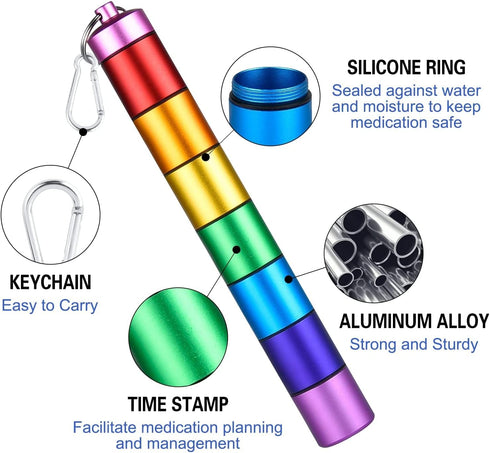 Portable Pill Case Keychain Waterproof 7 Days Pill Holder Travel Pill Container Portable Medicine Keychain Daily Airtight Pill Organizer for Outdoor Camping Travel (Rainbow)