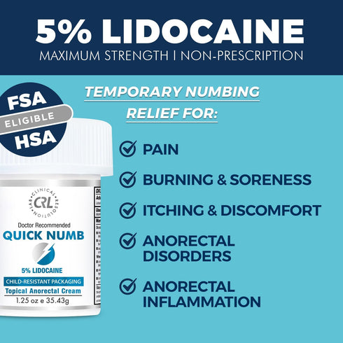 Quick Numb 5% Lidocaine Topical Numbing Cream, 1.25 Oz Maximum Strength Pain Relief Cream with Aloe Vera & Vitamin E