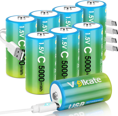 volkate C Batteries 8 Pack, USB Rechargeable Lithium C Cell Batteries with Charging
