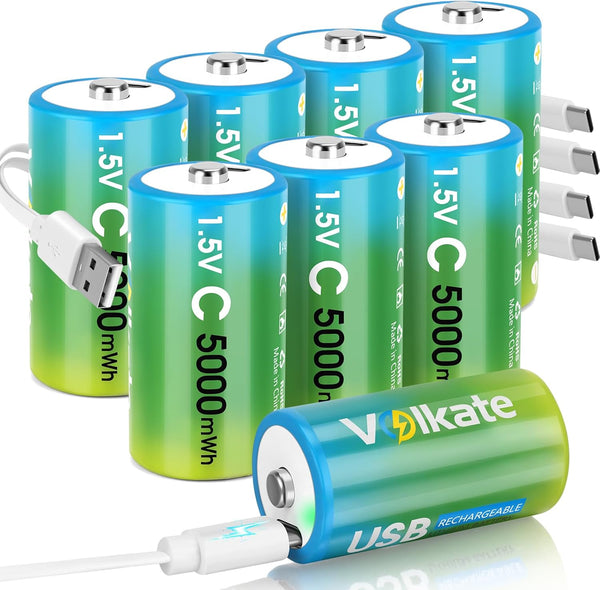 volkate C Batteries 8 Pack, USB Rechargeable Lithium C Cell Batteries with Charging
