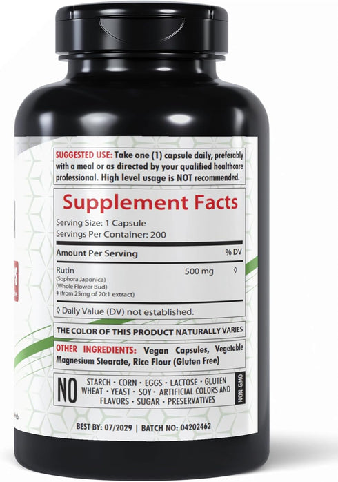 Rutin 500mg | 200 Capsules | Rutoside Bioflavonoid | Circulatory Health | Non-GMO | Vegetarian | Made in The USA