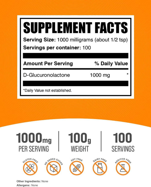 Glucuronolactone Powder for Energy Support - Pure & Gluten Free, 1000mg per Serving, 100g by BulkSupplements.com