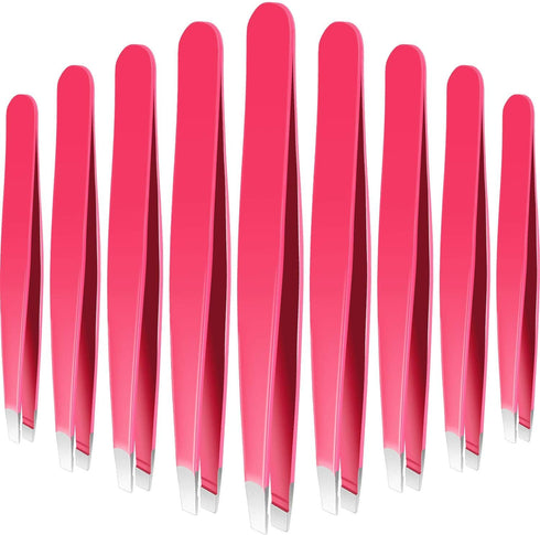 Mudder 12 Pcs Eyebrow Tweezers Set, Stainless Steel Slanted Tip Tweezers in Bulk for Men and Women, Rose Red
