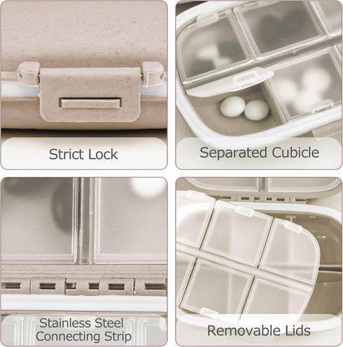 1Pack Travel Pill Organizer, 8 Compartments Portable Pill Case, Small Pill Box for Pocket or Purse